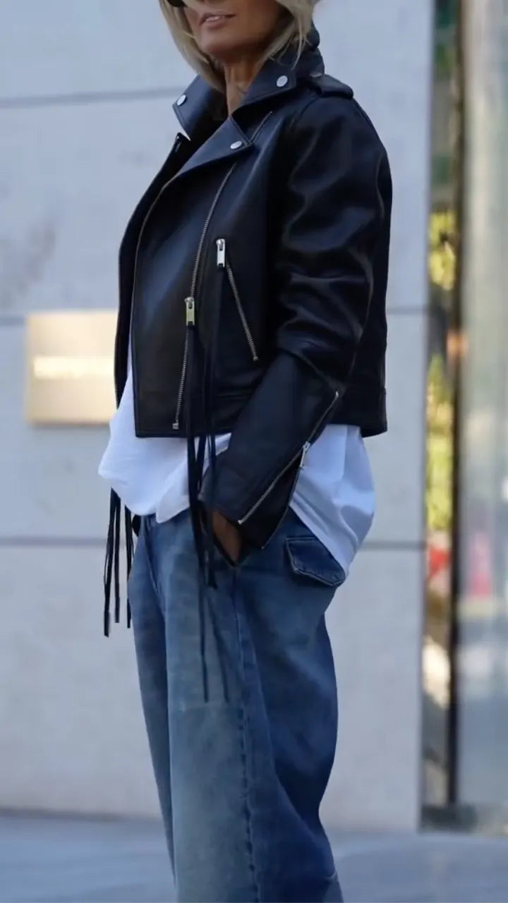Cropped Black Leather Moto Jacket With Baggy Cuffed Jeans