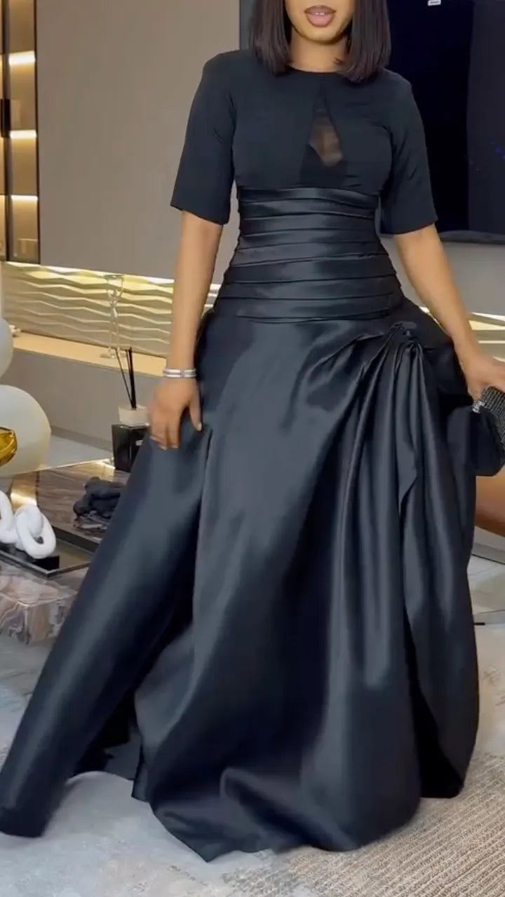 Black Satin Mix‑Fabric High Slit Maxi Gown
