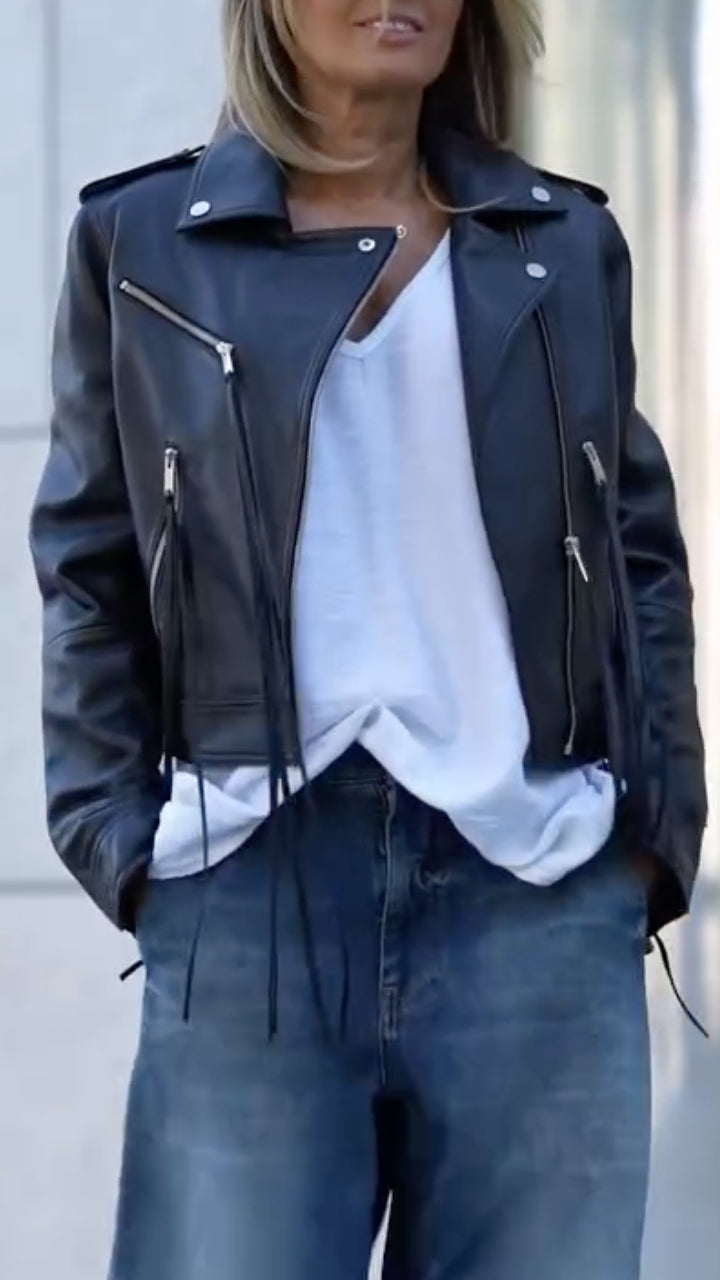 Cropped Black Leather Moto Jacket With Baggy Cuffed Jeans