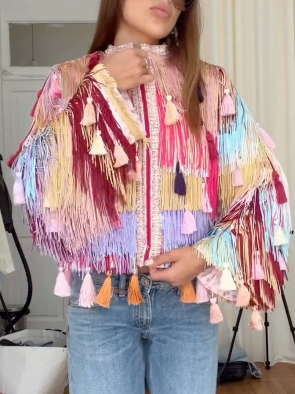 Colorful Tassel Fringe Zip‑Up Boho Jacket