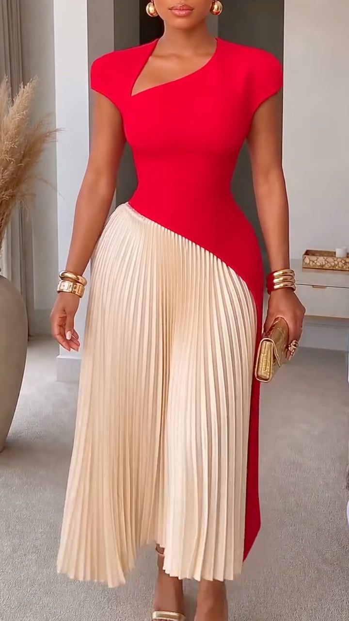 Red And Beige Color Block Pleated Two‑Piece Set