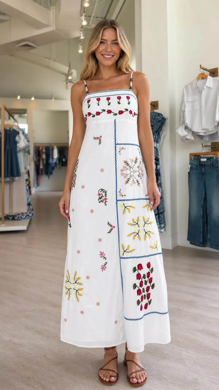 Women's Floral Embroidered Patchwork Spaghetti Strap Maxi Dress