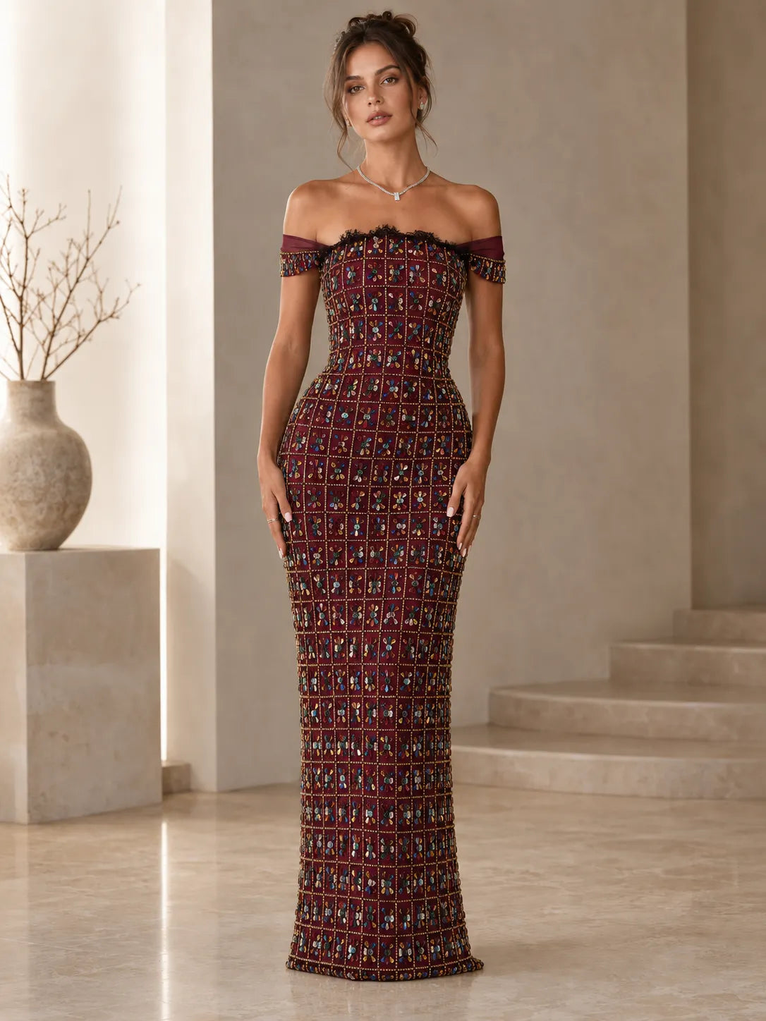 Off-Shoulder Embellished Mermaid Maxi Dress