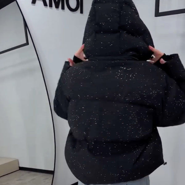 Black Glitter Cropped Hooded Puffer Coat