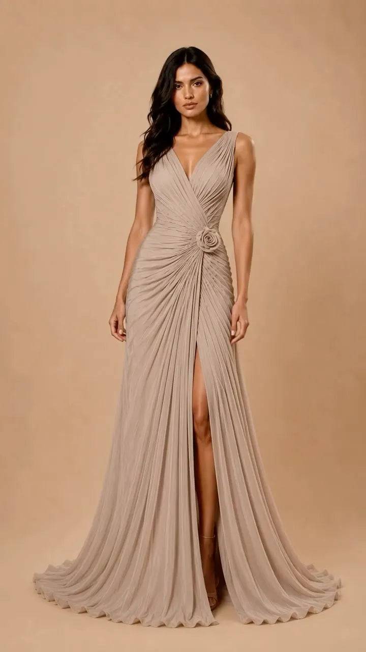 Taupe Ruched V‑Neck Chiffon Evening Gown With Floral