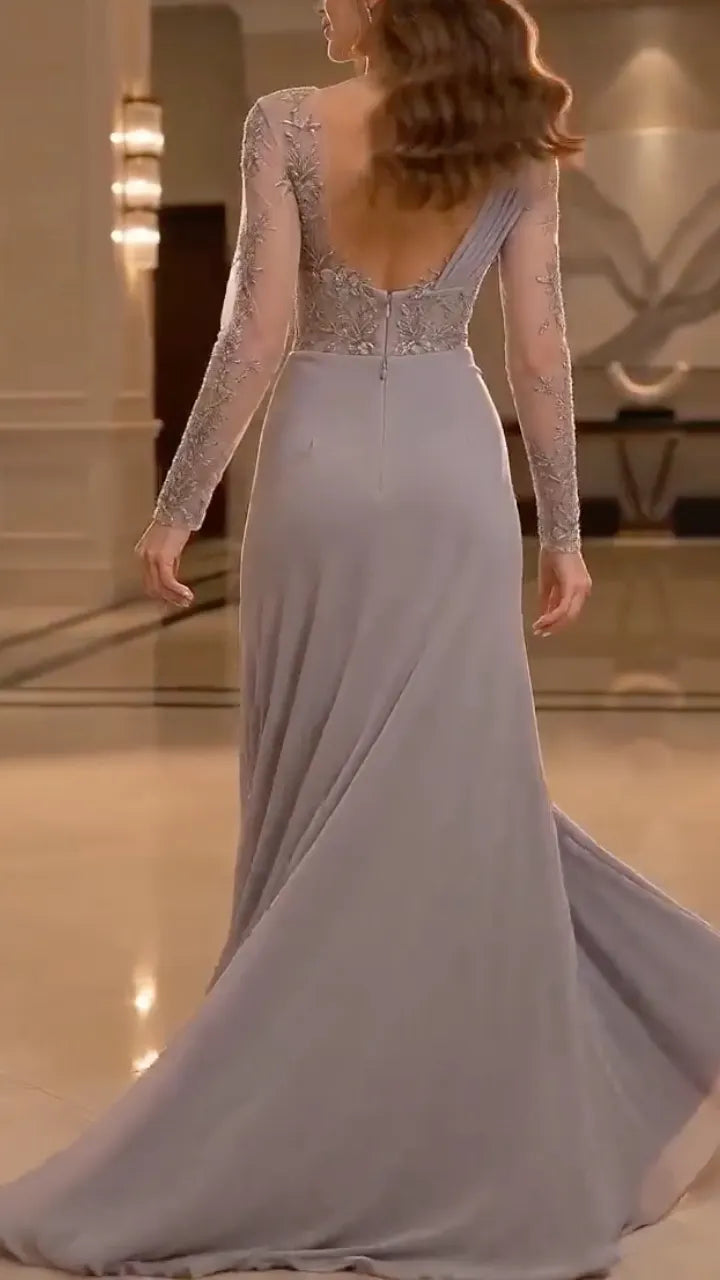 Dusty Grey Lace Appliqué Ruched Evening Gown
