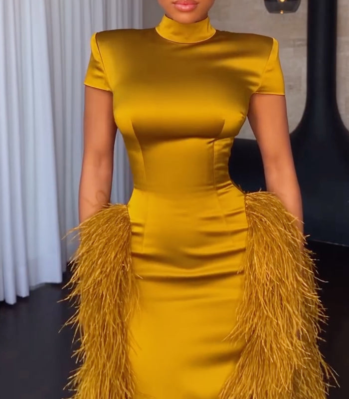 Golden Satin Feather Trailing Evening Gown