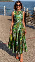 Green Botanical Print Sleeveless Midi Dress